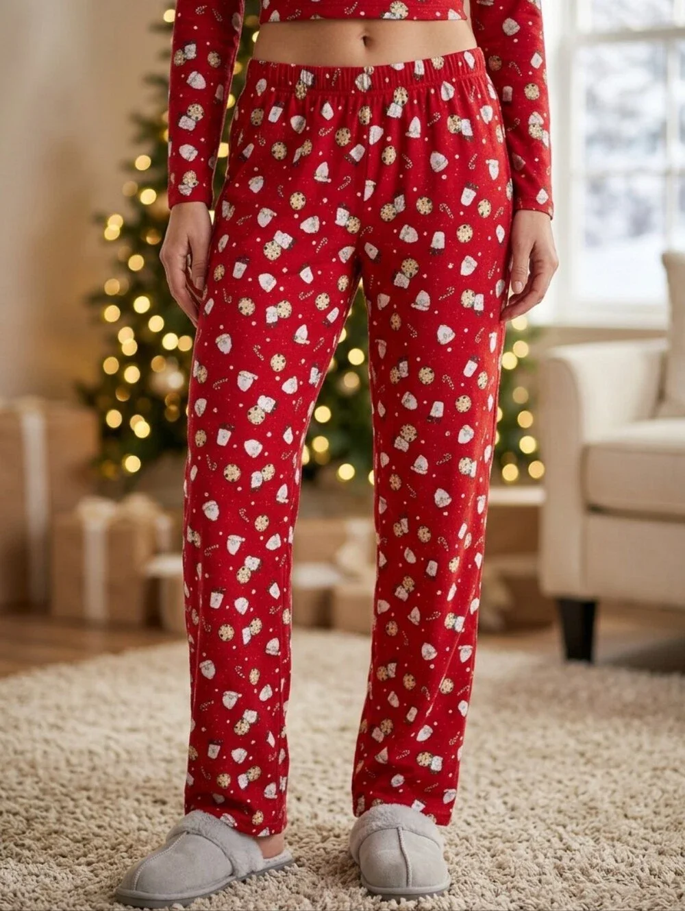 Santa Milk Cookies Christmas Pajama Pants Adult M Red Holiday Lounge Winter PJs